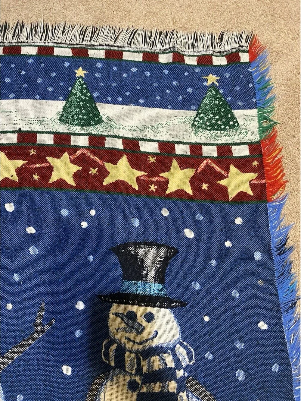 VTG Holiday Tapestry Throw Blanket - Snowmen Stars Christmas Trees - Mohawk Home